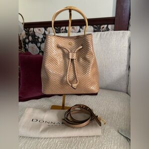 Donna Karan NY Lawrence Python Embossed Leather Bucket Bag Fawn Gold Handle